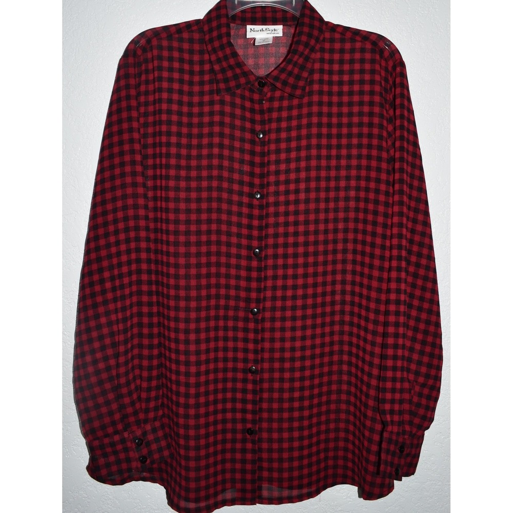 NorthStyle XL Shirt Red Black Gingham Buffalo Plaid Button Down Semi Sheer